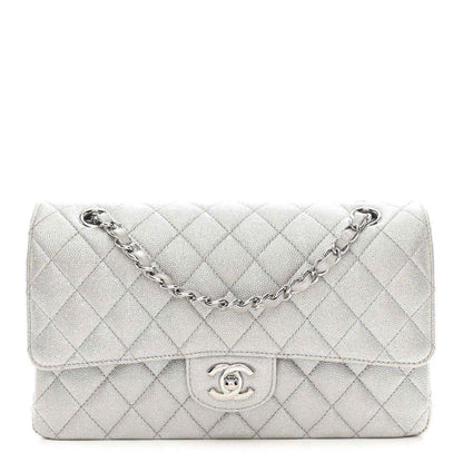 Chanel quilted double flap bag in silver metallic caviar leather with chain strap
