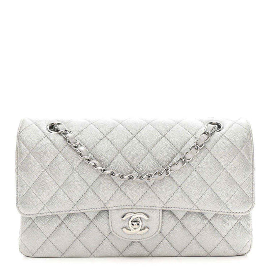 Chanel quilted double flap bag in silver metallic caviar leather with chain strap