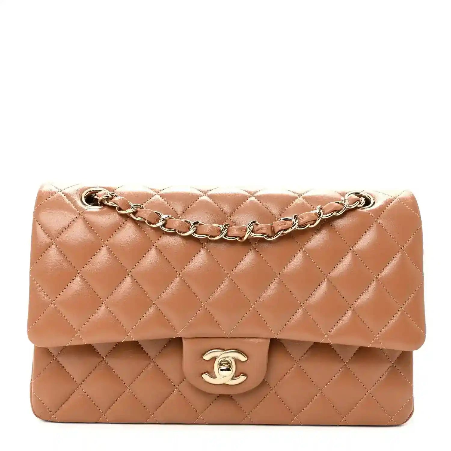 Chanel medium quilted lambskin double flap shoulder bag, tan-brown, gold chain strap