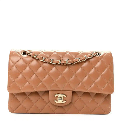 Chanel medium quilted lambskin double flap shoulder bag, tan-brown, gold chain strap