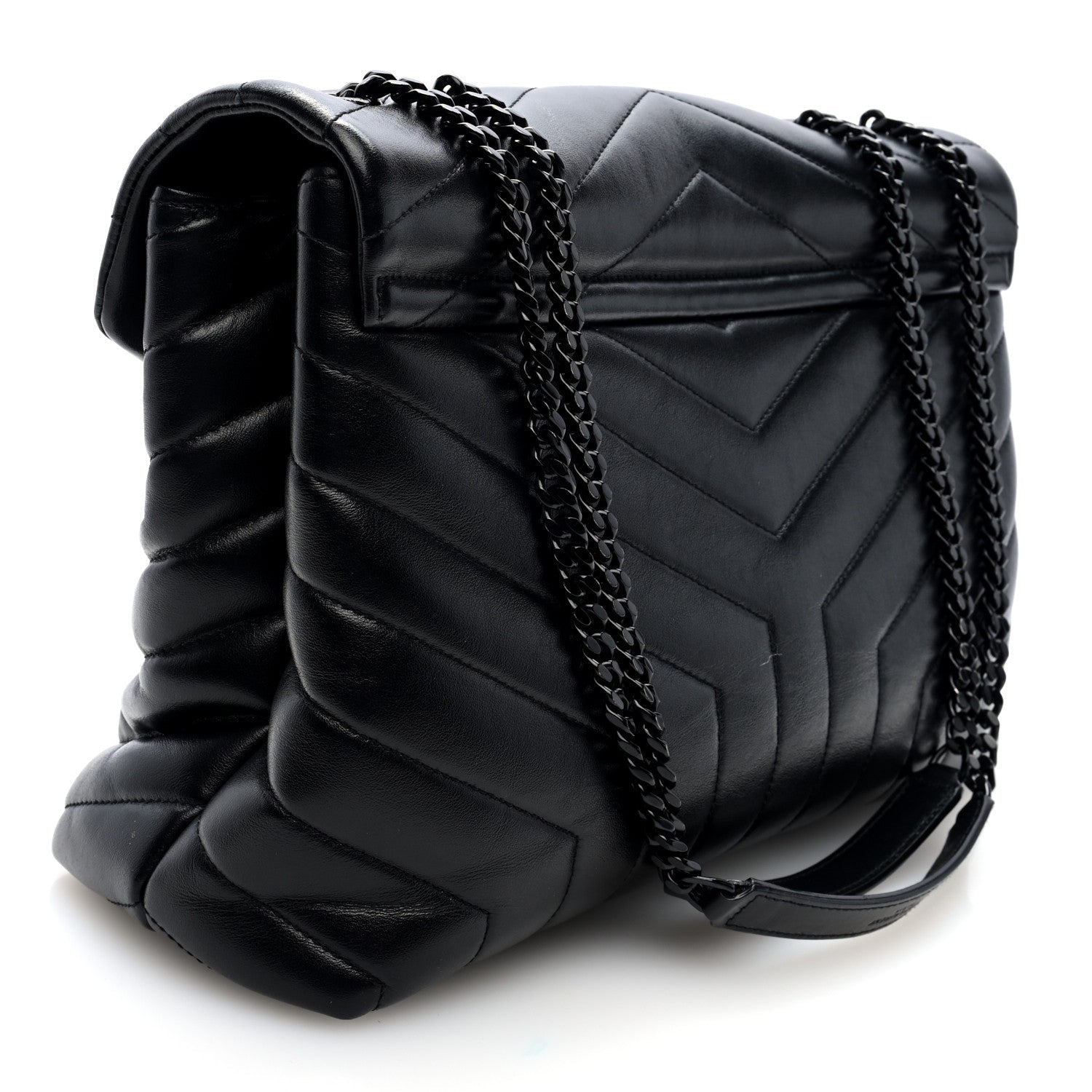 Black quilted calfskin satchel with chain strap and front flap, side view