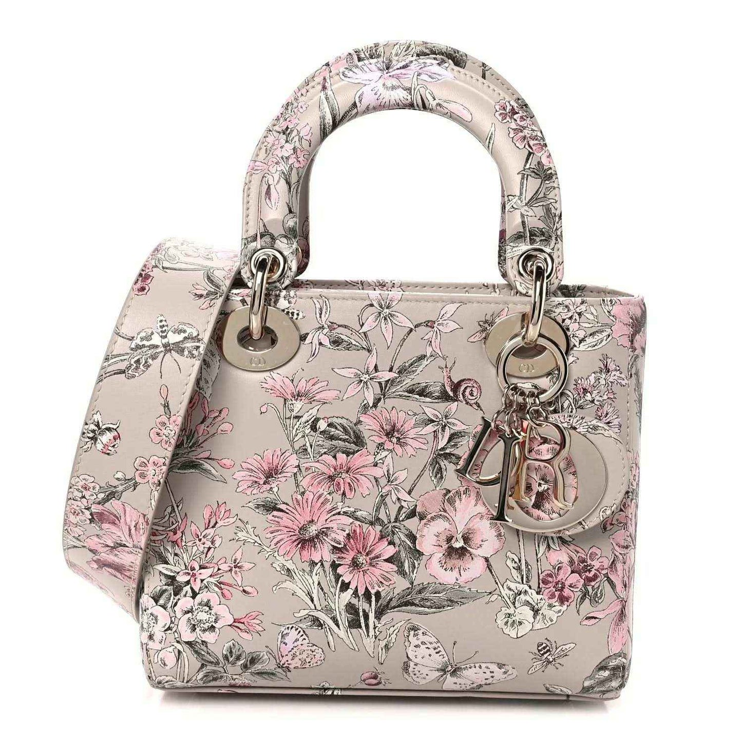 Small Lady Dior handbag with pink floral print, top handles and silver-tone hardware