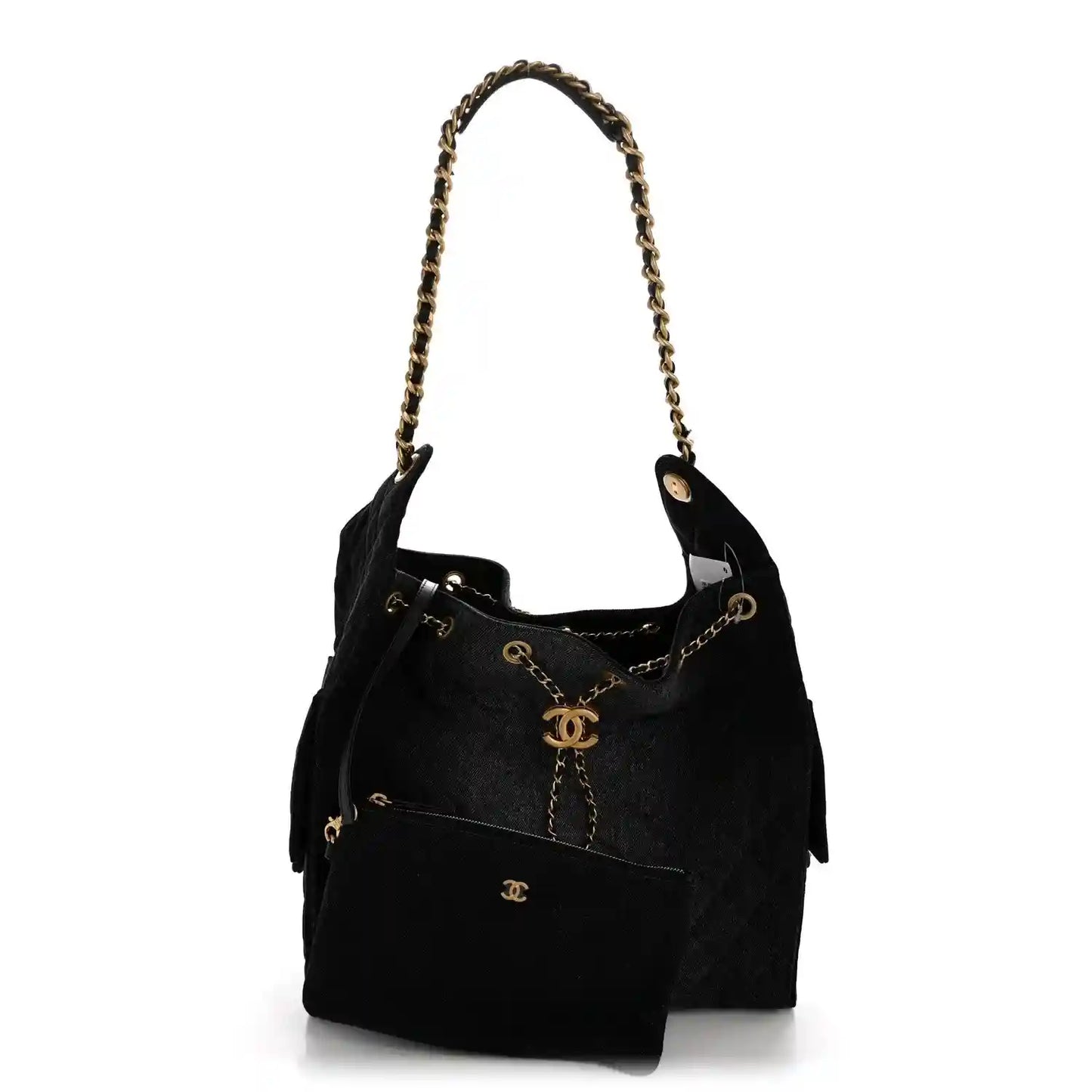 Chanel medium quilted denim shoulder bag in black with gold chain strap and CC charm