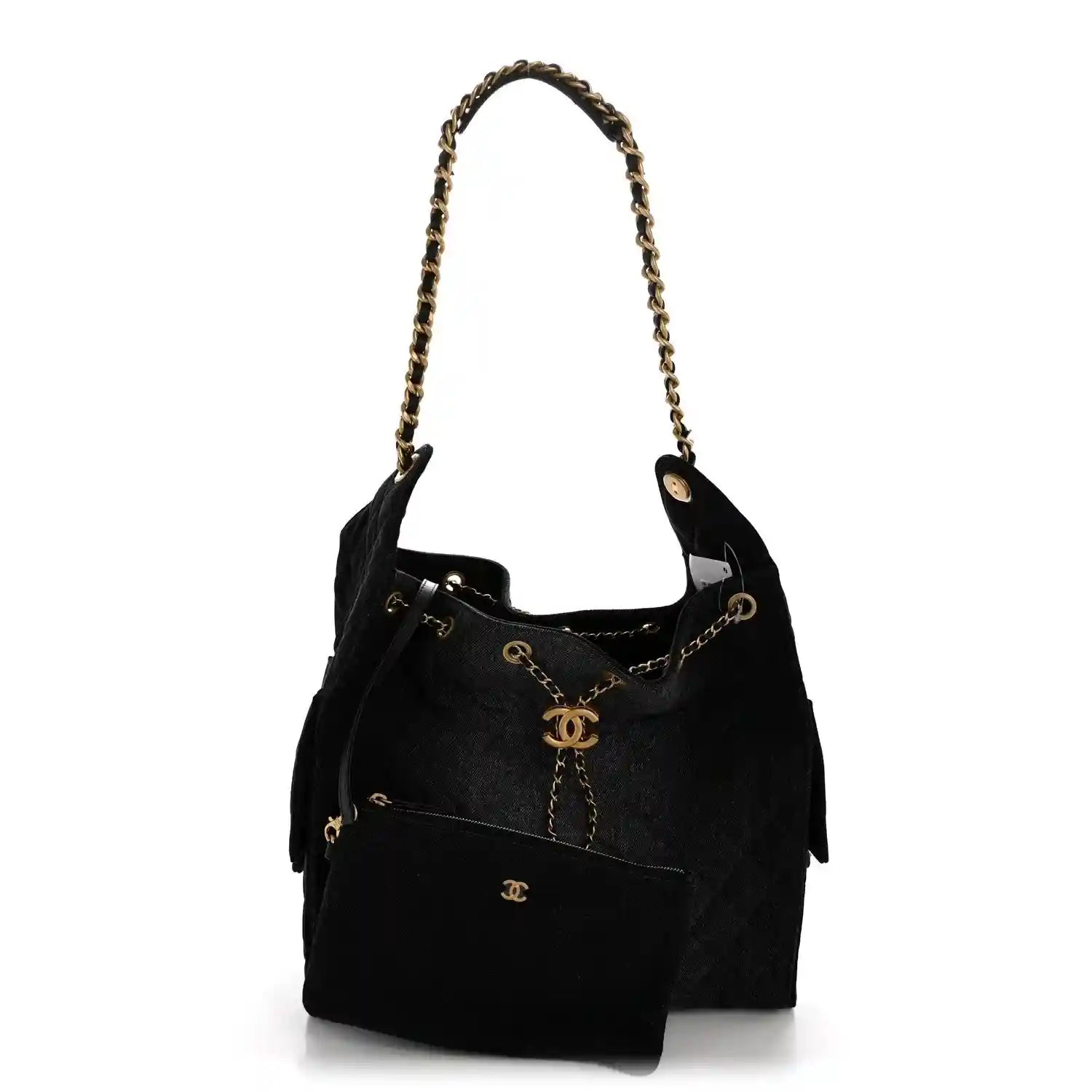Chanel medium quilted denim shoulder bag in black with gold chain strap and CC charm