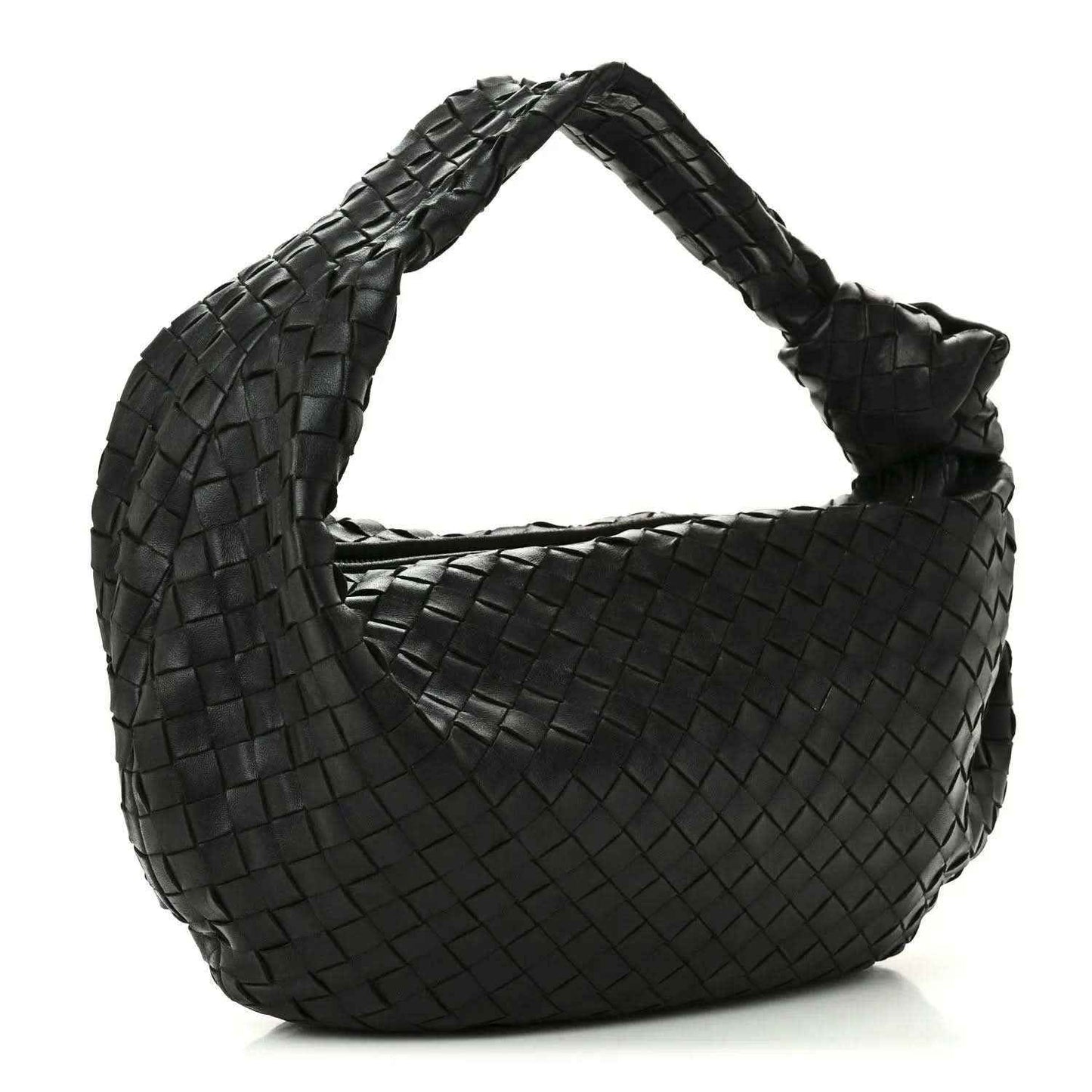 Black woven leather shoulder bag with Intrecciato weave and curved top handle