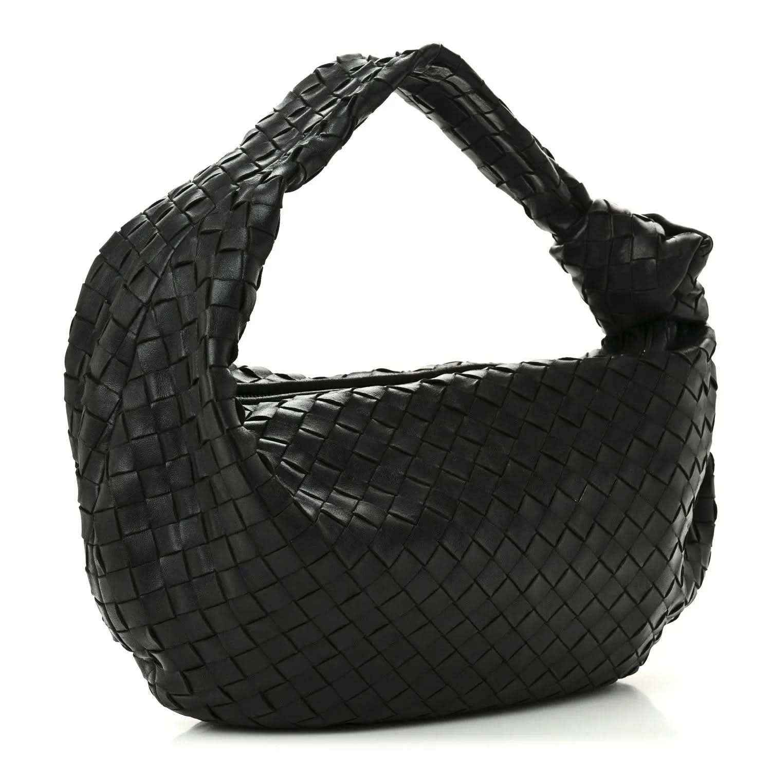 Black woven leather shoulder bag with Intrecciato weave and curved top handle