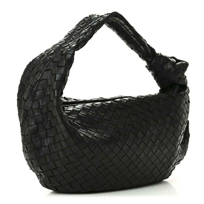 Black woven leather shoulder bag with Intrecciato weave and curved top handle