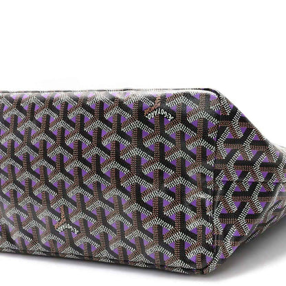 Tote bag with black and violet geometric patterned canvas, zipper top edge.
