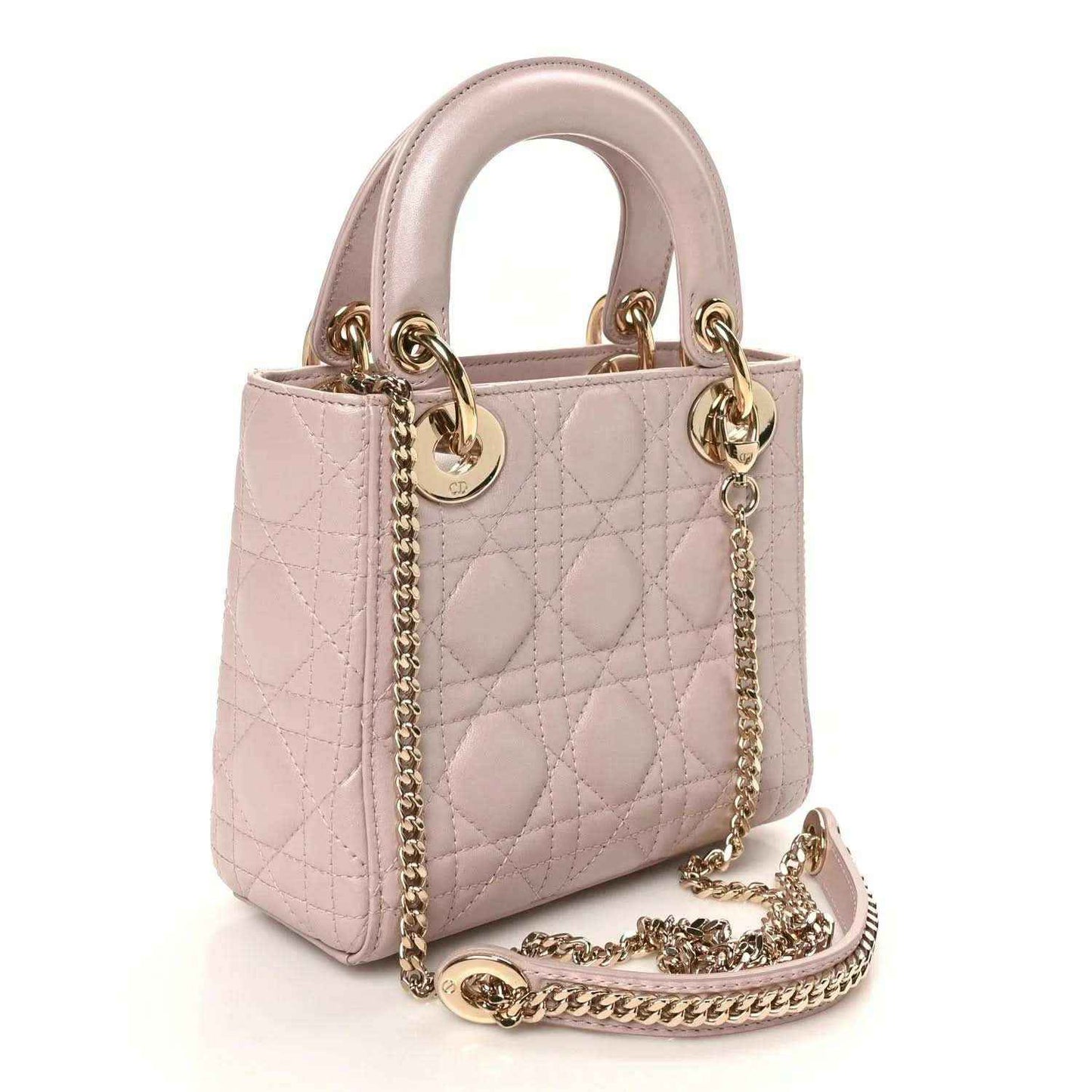 Mini Lady Dior handbag in rose pink lambskin with diamond Cannage quilting and gold chain strap