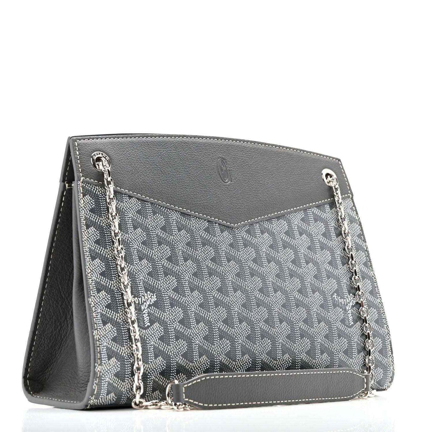 Grey shoulder bag with monogram pattern, chain shoulder strap, and contrast top trim