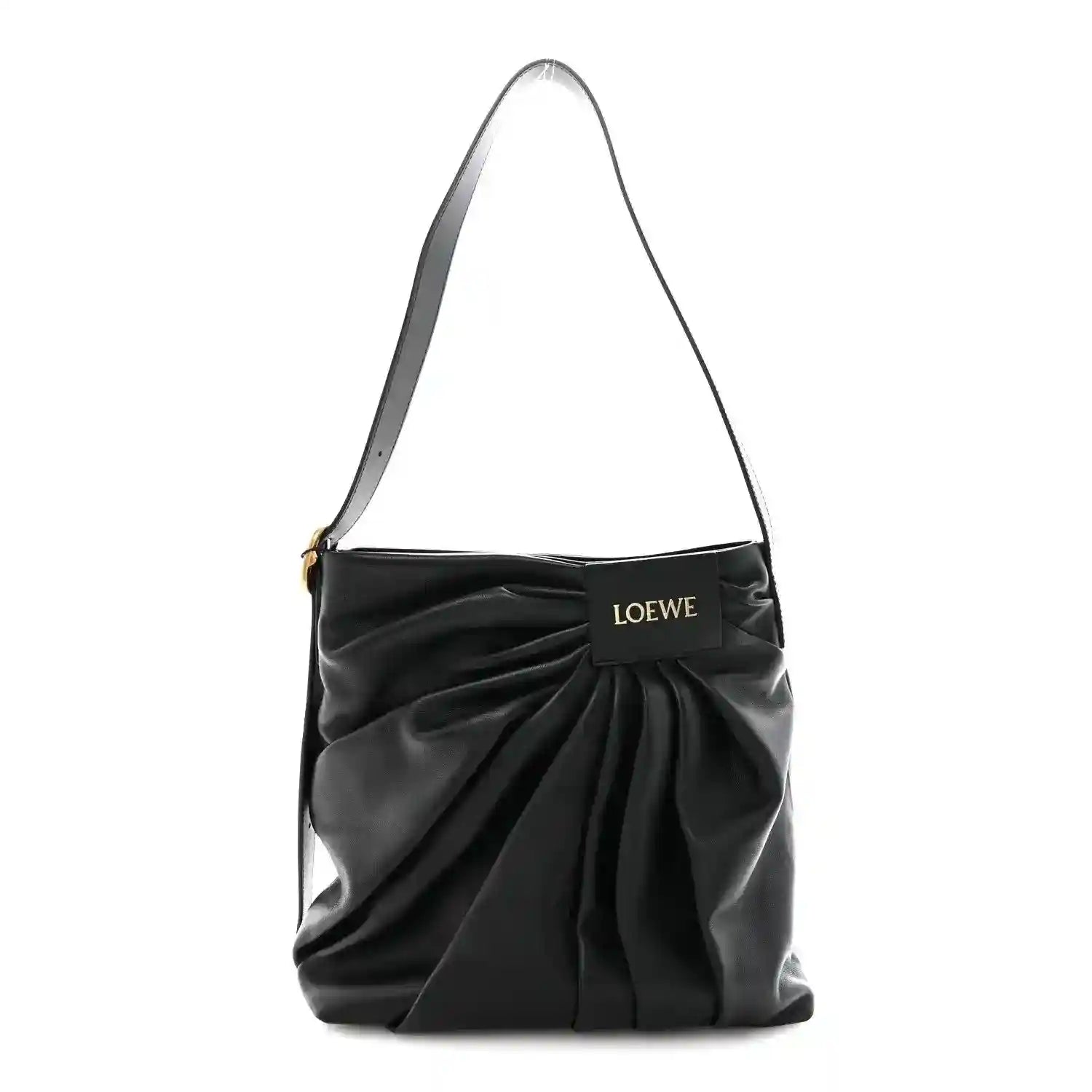 Black leather draped tote bag with single shoulder strap and LOEWE logo