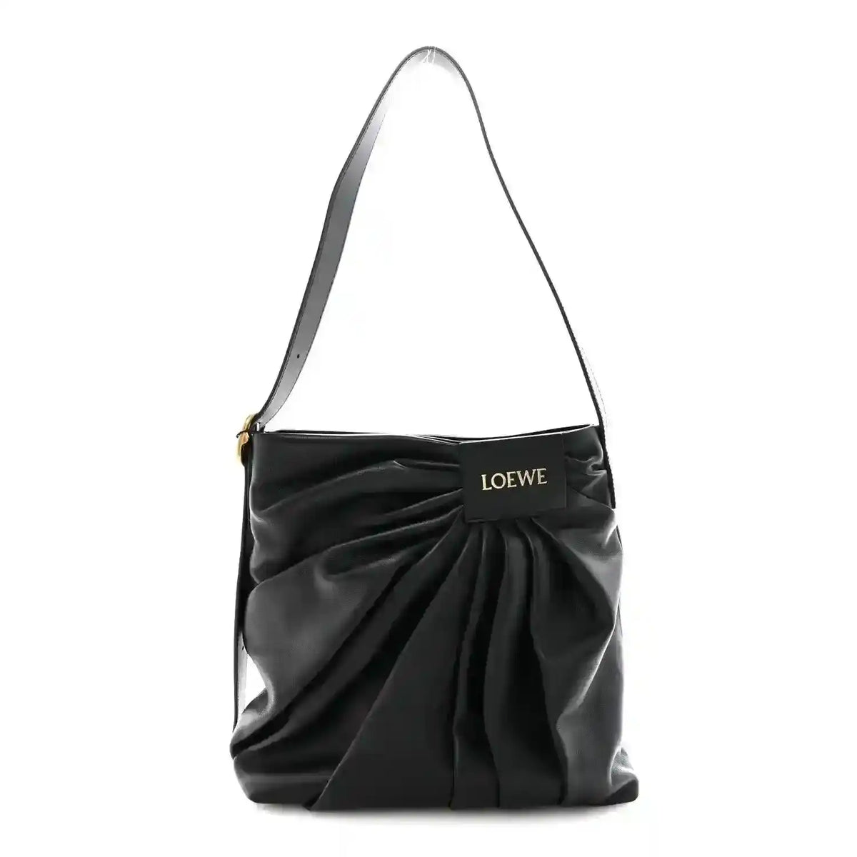 Black leather draped tote bag with single shoulder strap and LOEWE logo