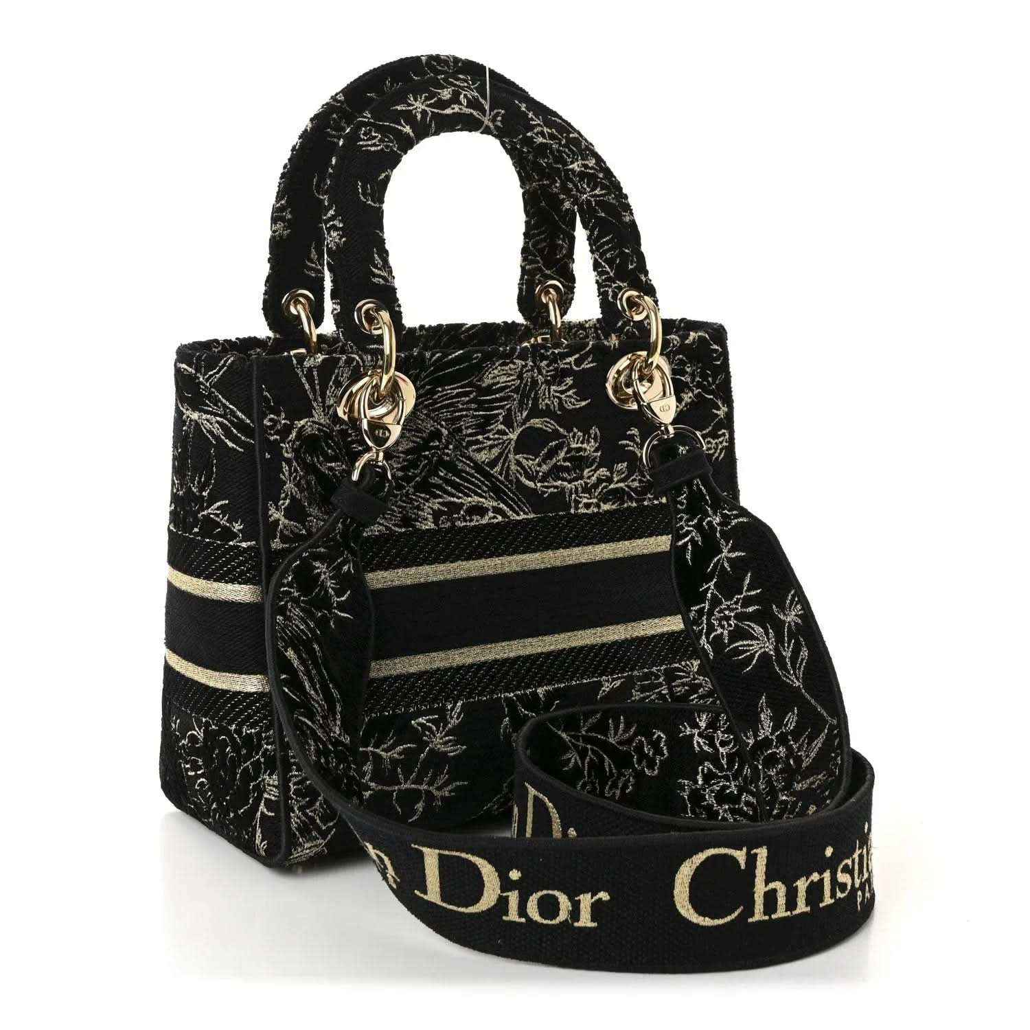Black embroidered handbag with gold toile de jouy motif, top handles and front band