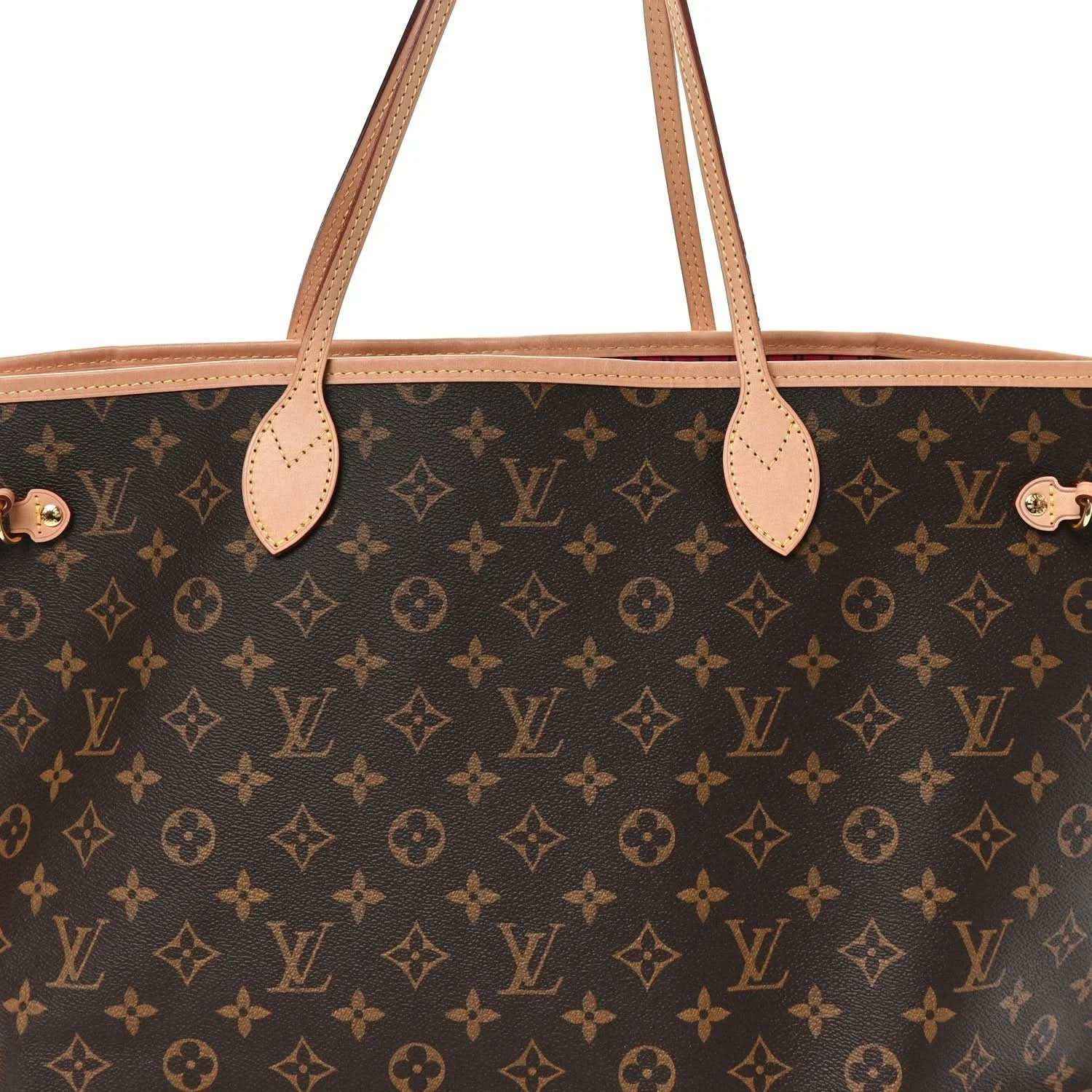 Monogram tote bag with pink leather top handles and brown patterned body