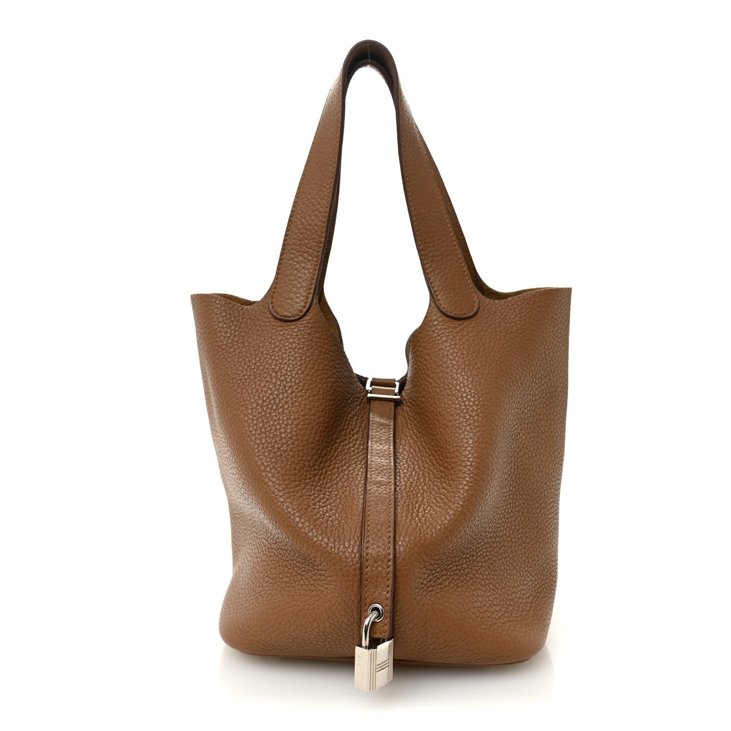 Tan leather tote bag with top handles and front lock, textured grain finish