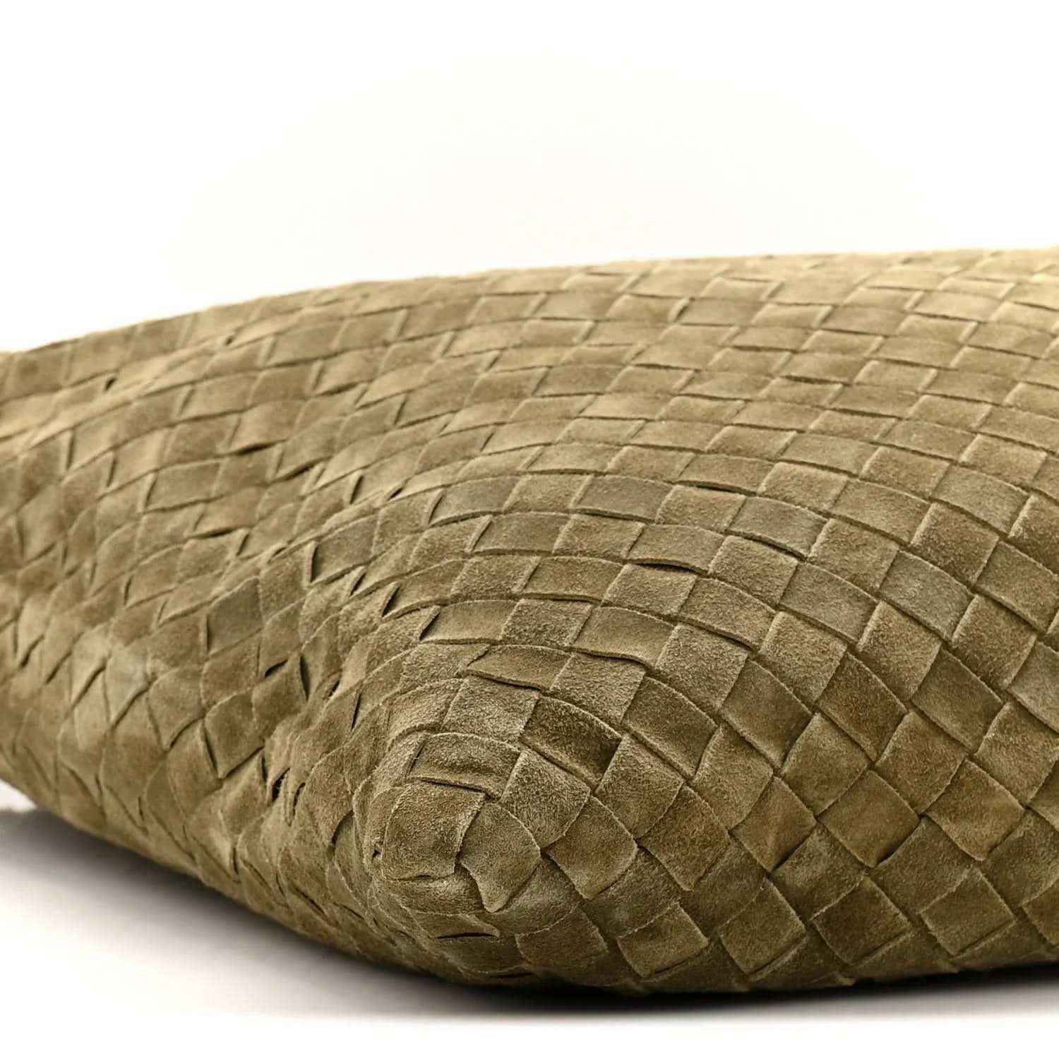 Suede intrecciato hobo bag in mud green close-up, woven pattern on side