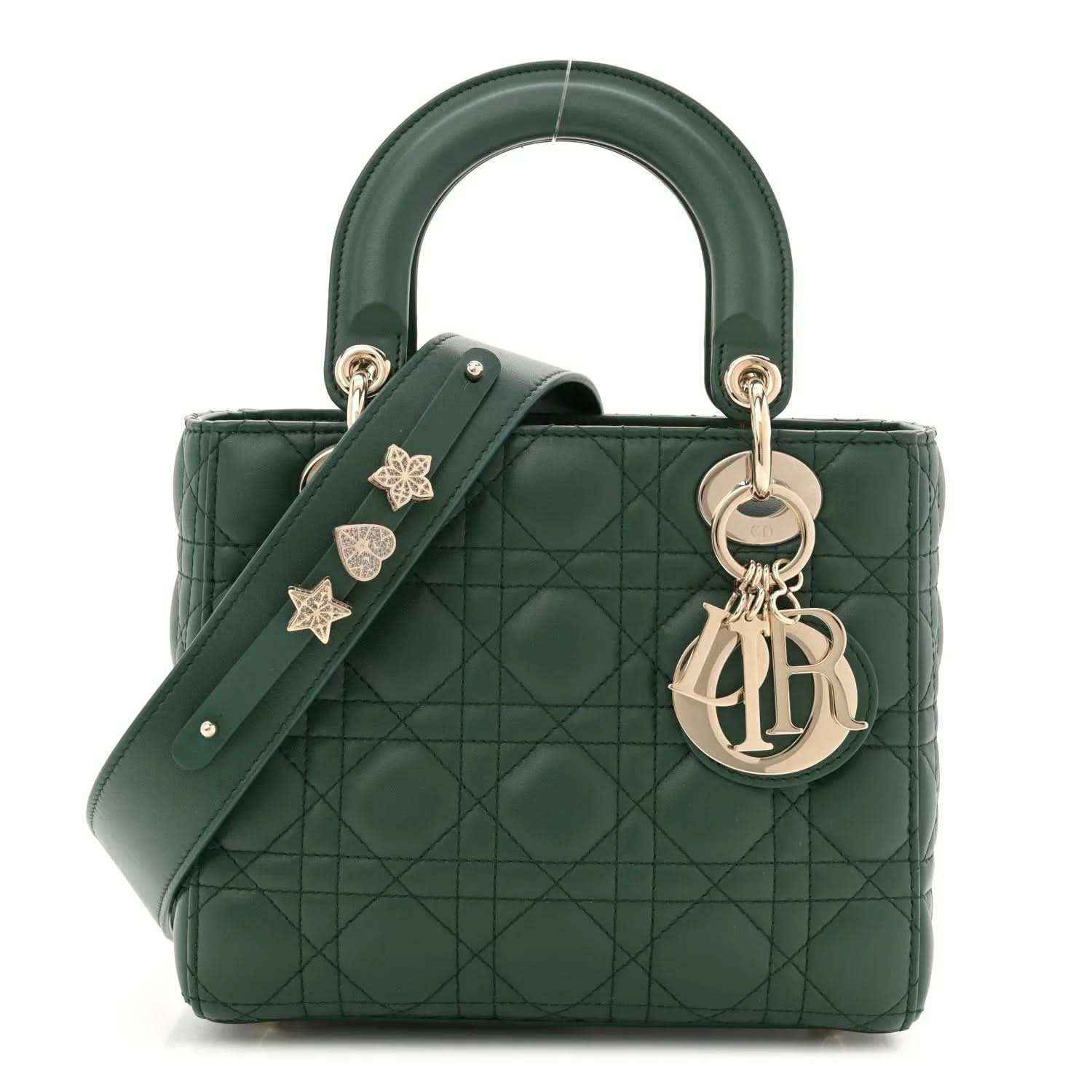 Green quilted lambskin Lady Dior bag with top handles and star charm strap