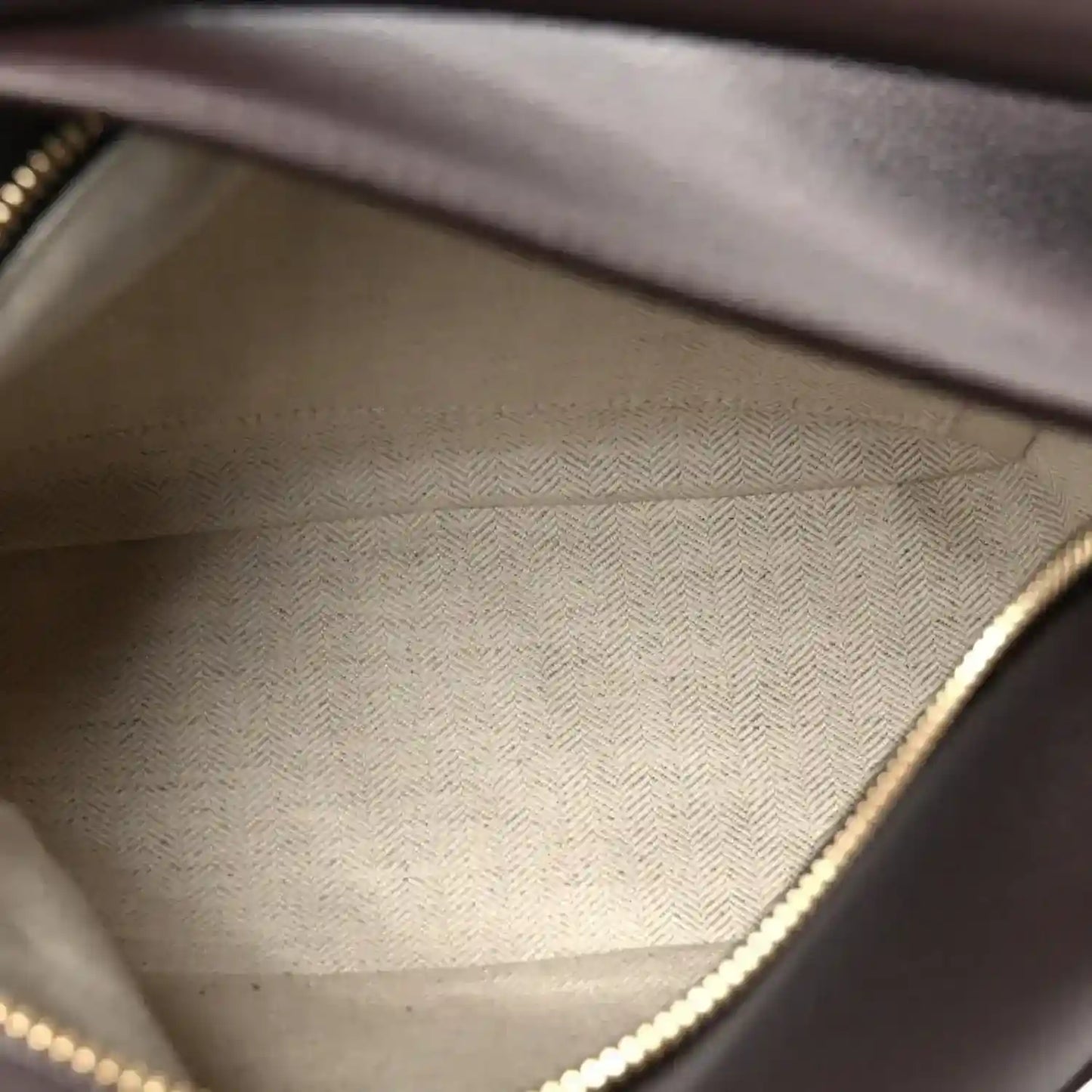 Dark leather bag interior with textured lining and gold-tone zipper trim