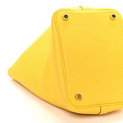 Lime yellow leather Picotin Lock tote with flat bottom and snap corners
