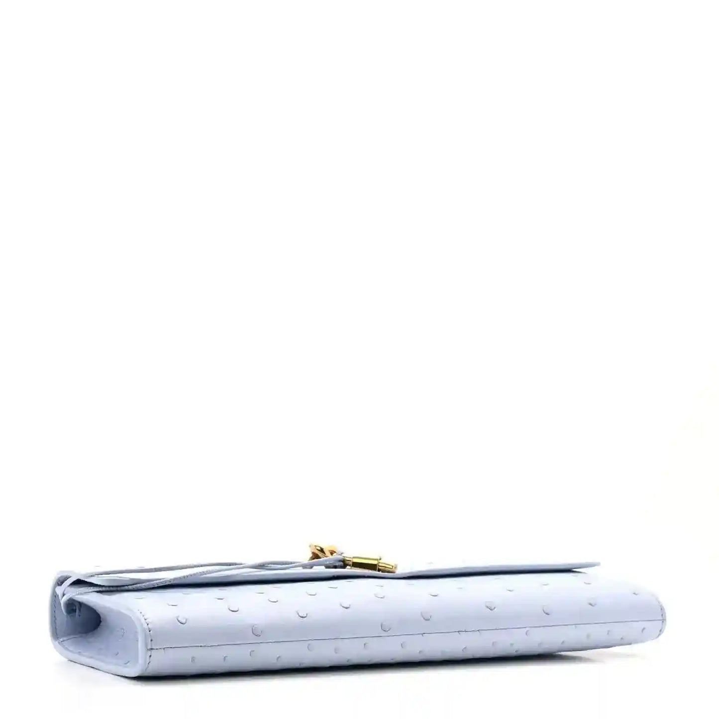 Light blue ostrich leather clutch bag corner detail with gold clasp and handle