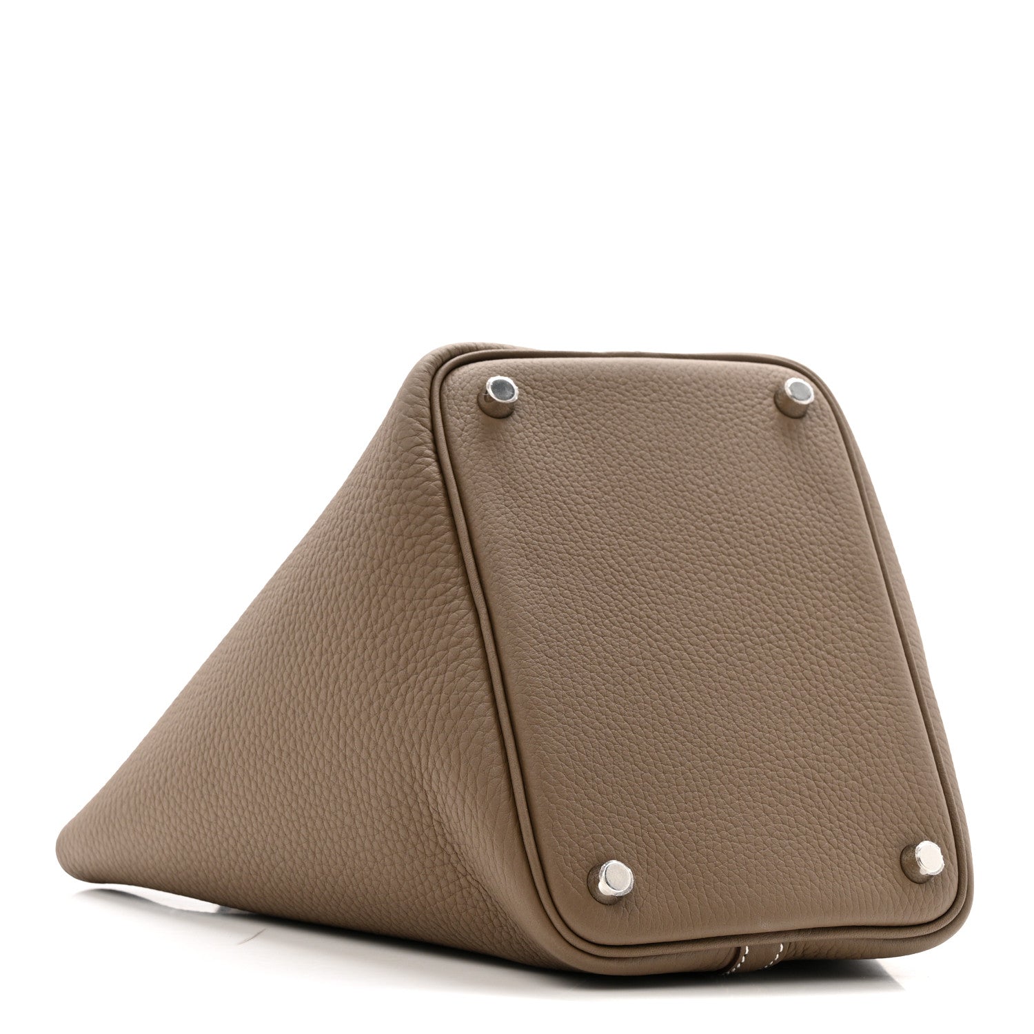 Etoupe leather Picotin-style bag with three metal feet and curved top