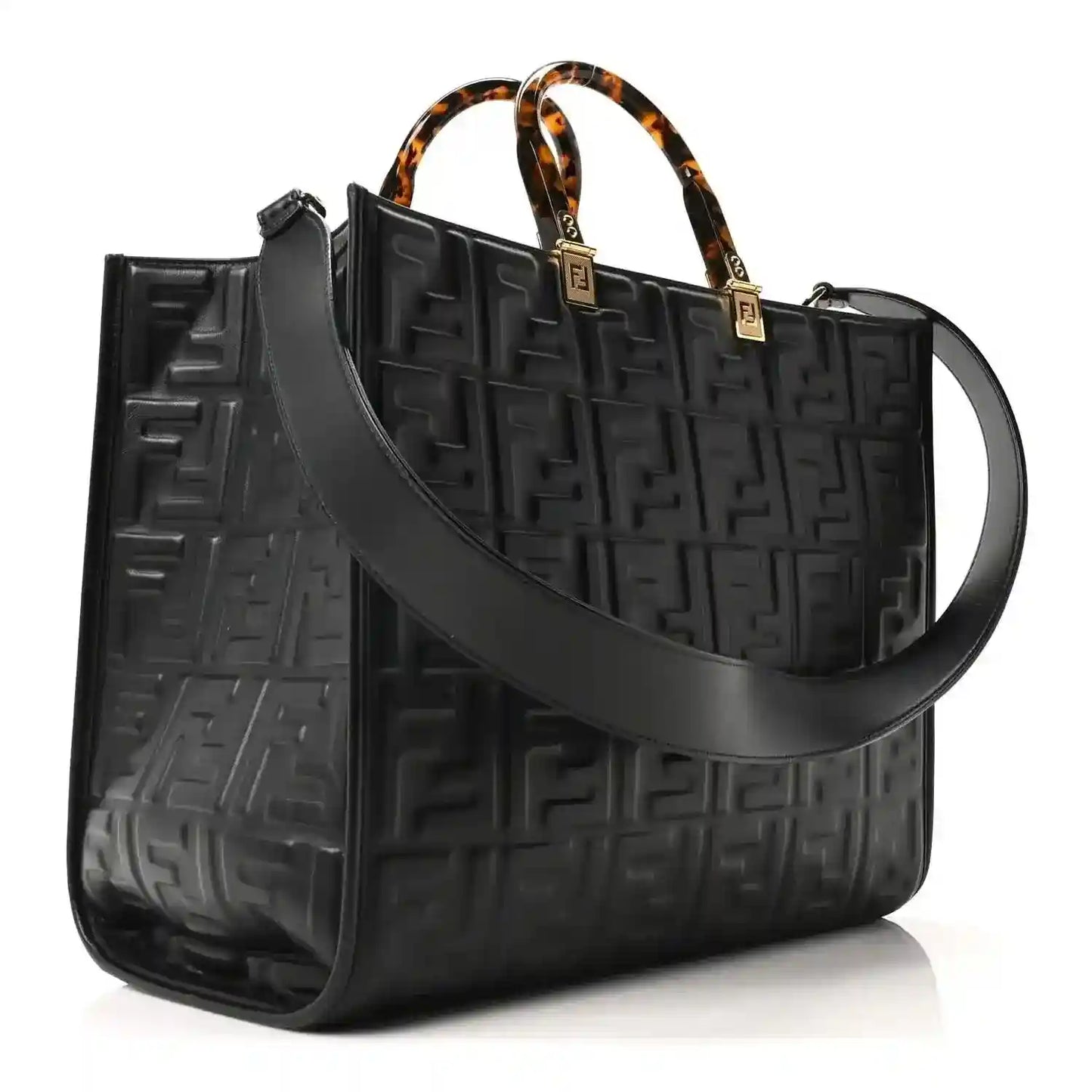 Black embossed leather tote bag with FF pattern, top handles, and wide shoulder strap