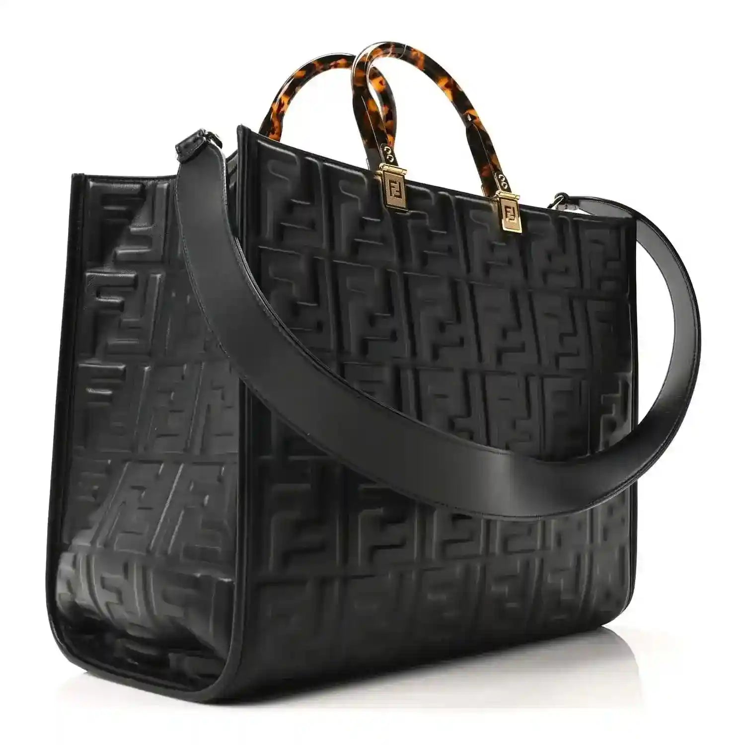 Black embossed leather tote bag with FF pattern, top handles, and wide shoulder strap