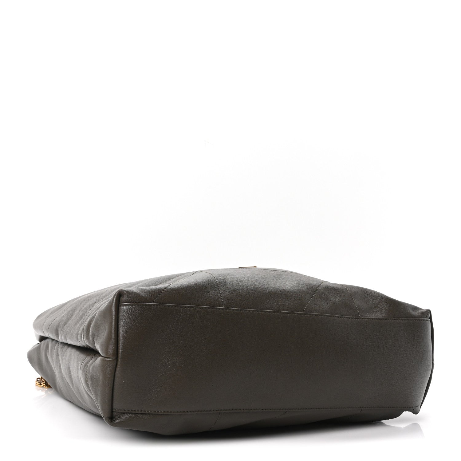 Quilted leather shoulder bag, side view with folded drape and gold YSL charm