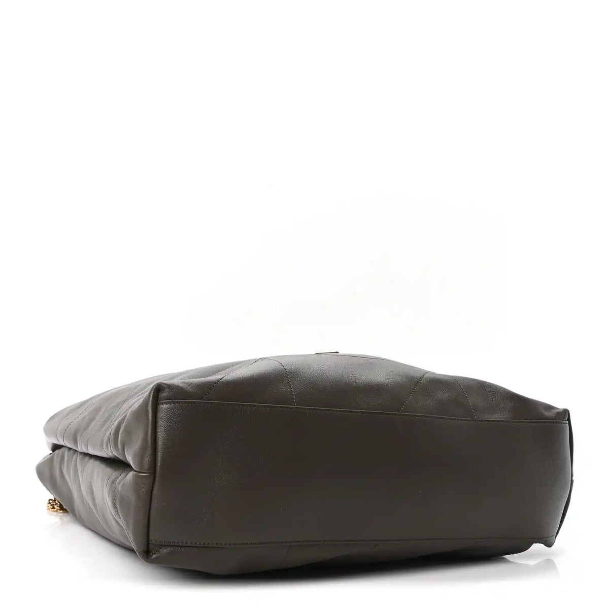 Quilted leather shoulder bag, side view with folded drape and gold YSL charm