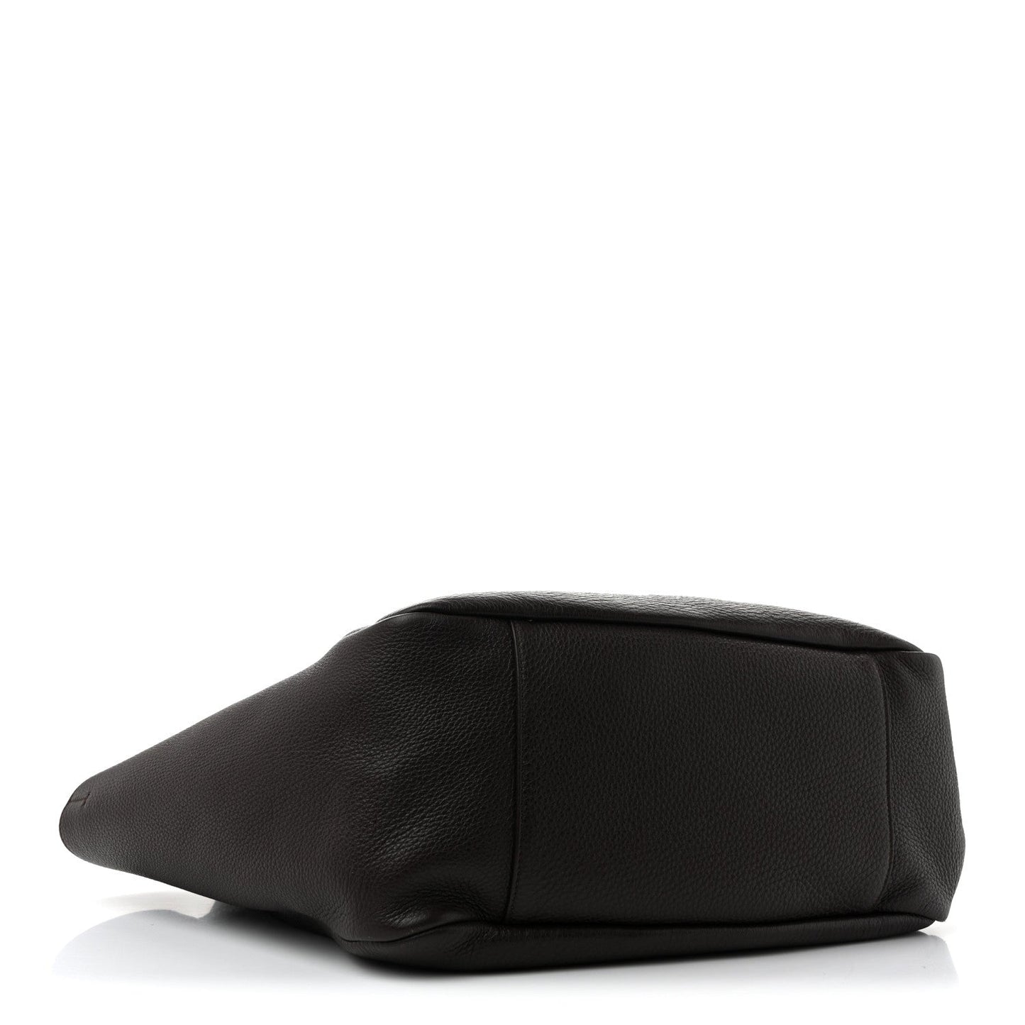 Grained leather Bea tote bag, side profile with curved base, dark tone