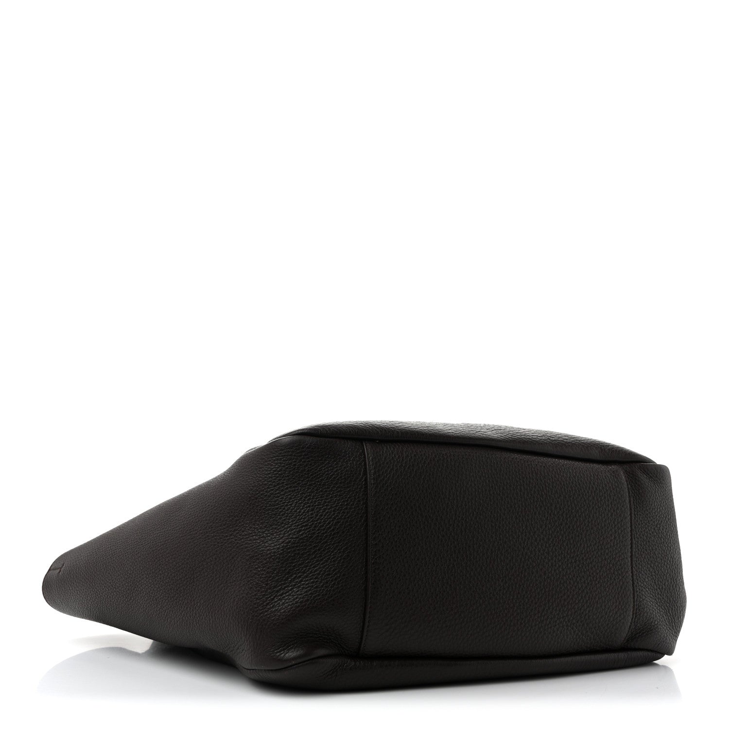 Grained leather Bea tote bag, side profile with curved base, dark tone