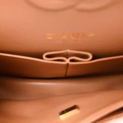 Chanel quilted lambskin double flap bag, tan-brown flap clasp and stitching detail