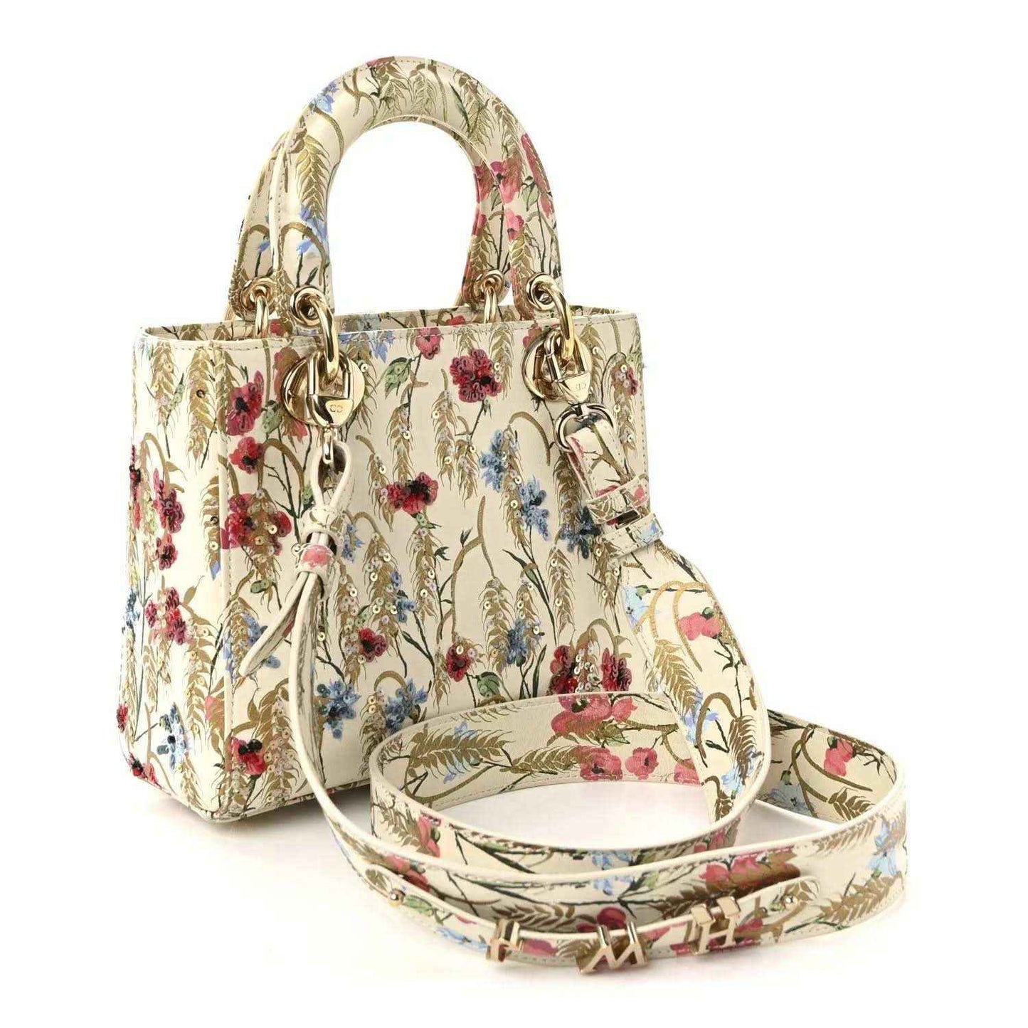 Embroidered floral Lady Dior tote with detachable strap and gold-tone hardware