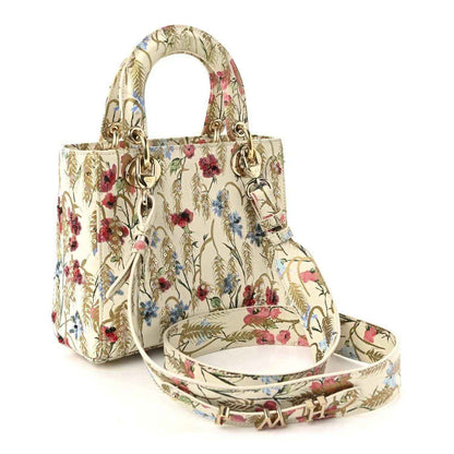 Embroidered floral Lady Dior tote with detachable strap and gold-tone hardware