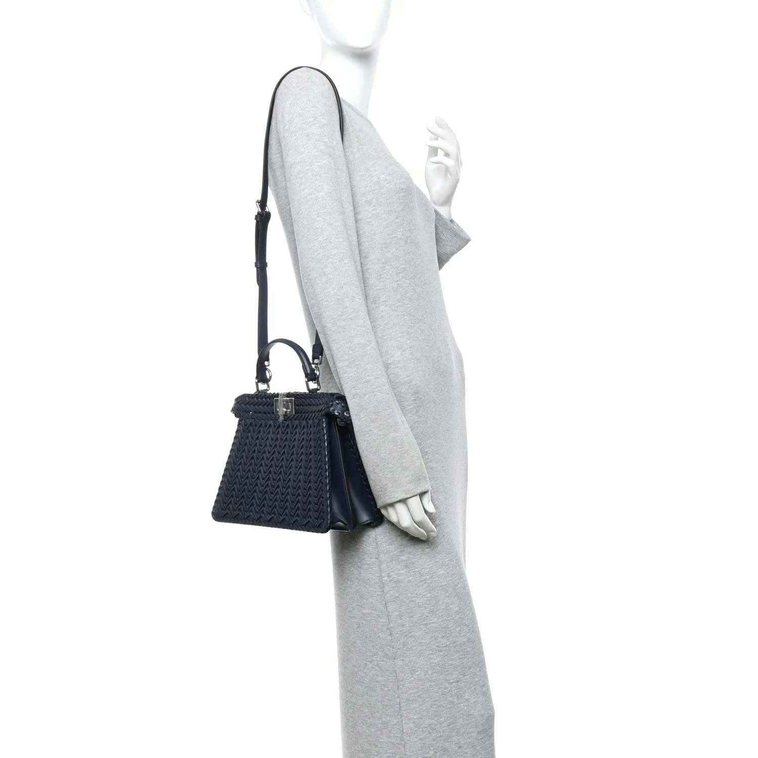 Nappa satchel worn crossbody, dark blue woven front and top handle with short strap