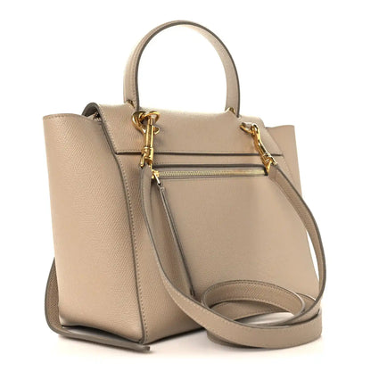 Celine light taupe micro belt bag with gold hardware, top handle, and front zip pocket