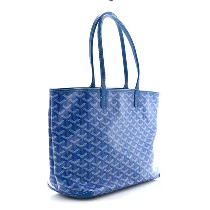 Sky blue patterned tote bag with two top handles and wide open top