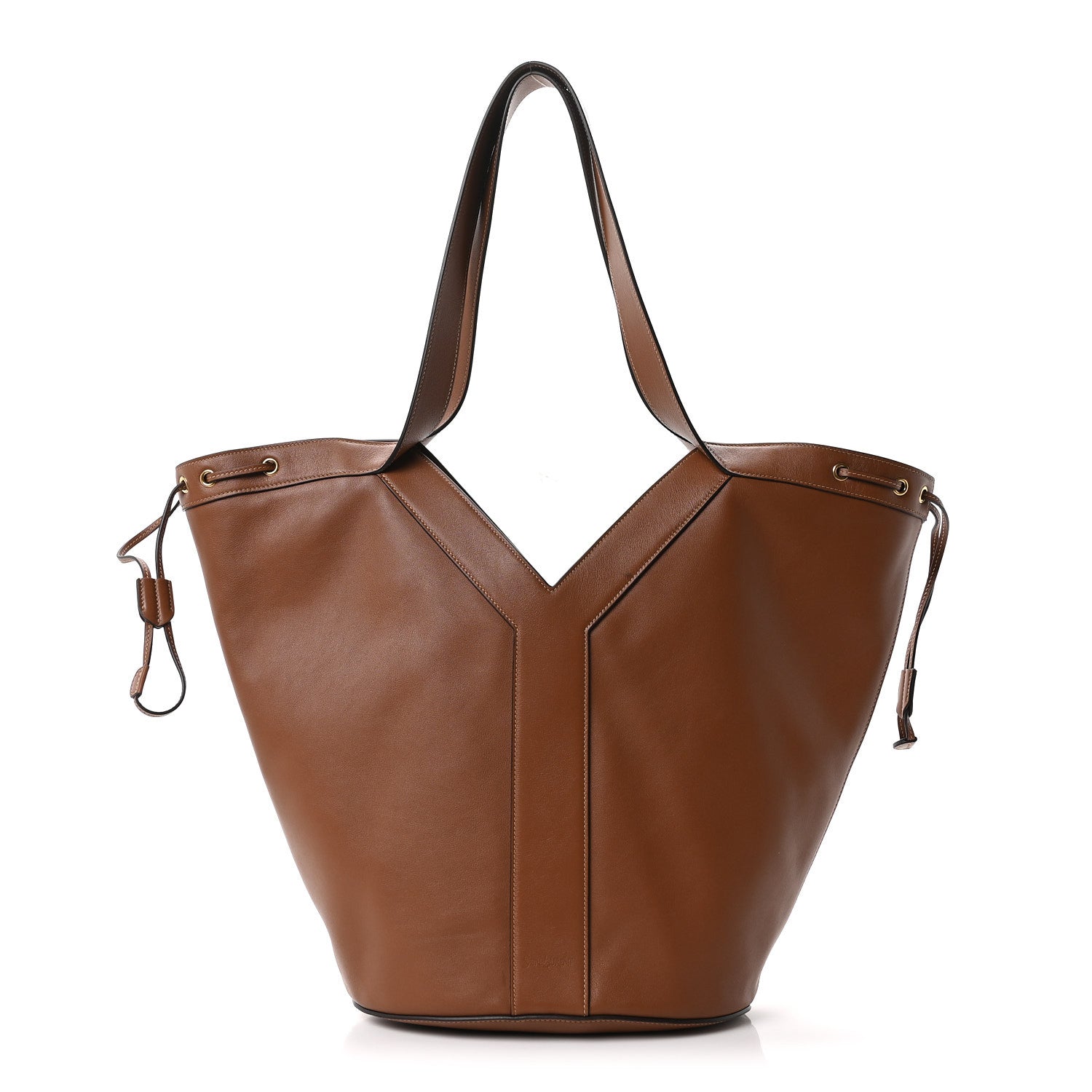 Tan-brown calfskin Y drawstring tote bag with top handles and side tie tabs