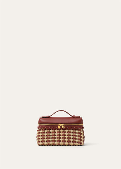 Wicker and calfskin mini pouch with top handle, front zipper and gold-tone hardware.