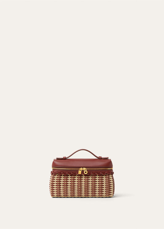 Wicker and calfskin mini pouch with top handle, front zipper and gold-tone hardware.
