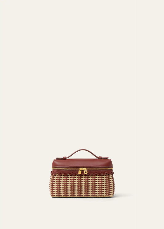 Wicker and calfskin mini pouch with top handle, front zipper and gold-tone hardware.