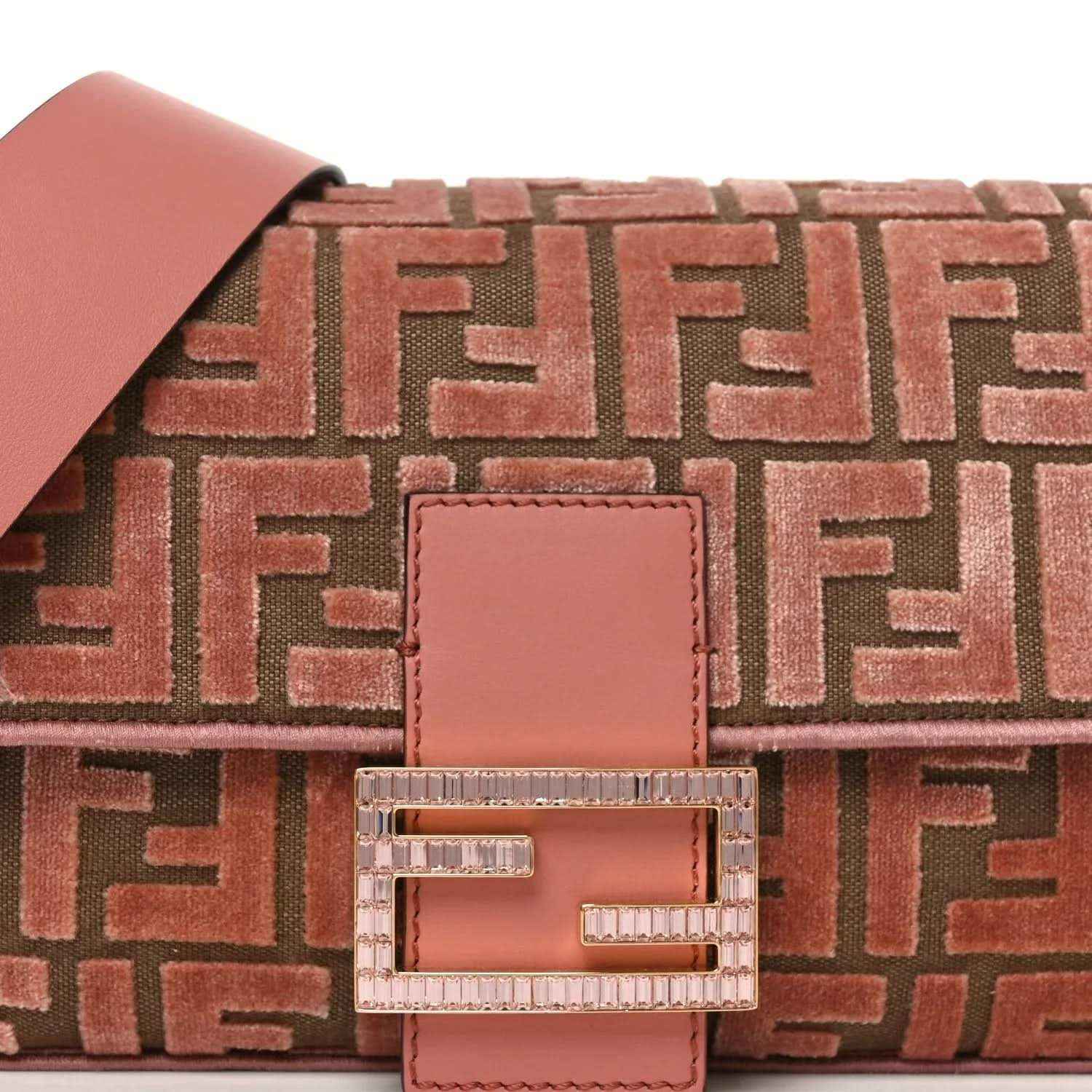 Front detail of pink velvet jacquard baguette bag with square leather patch and crystal FF
