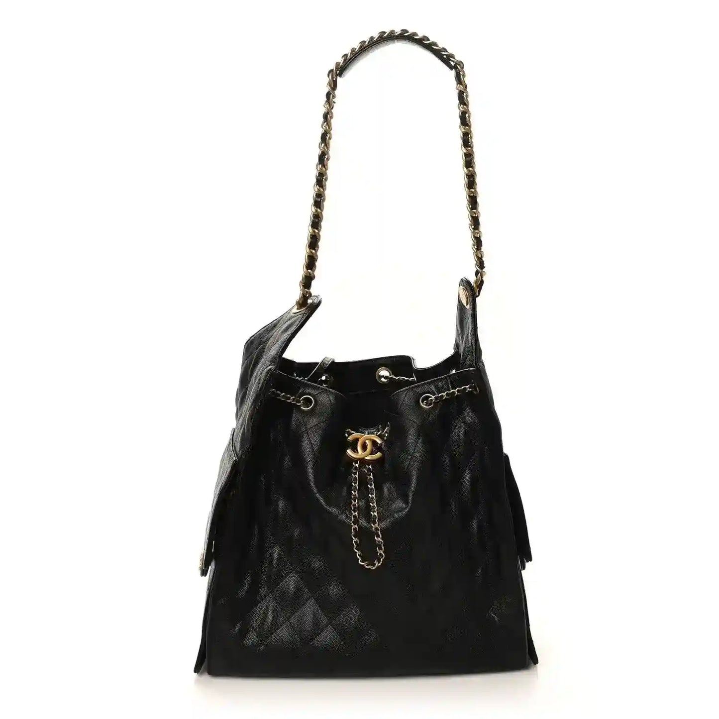 Black Chanel drawstring bucket handbag with chain strap, tassels, and gold CC logo