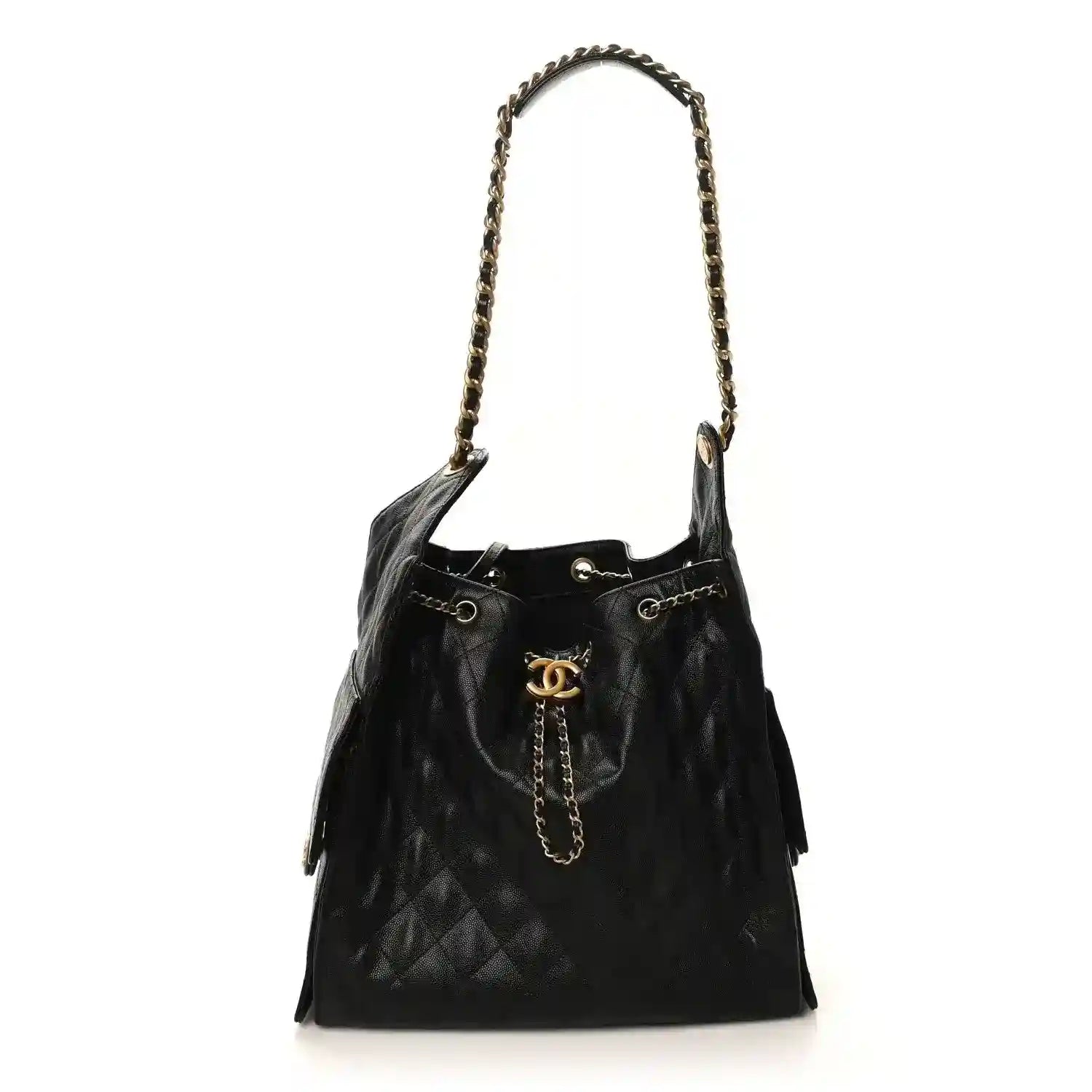 Black Chanel drawstring bucket handbag with chain strap, tassels, and gold CC logo