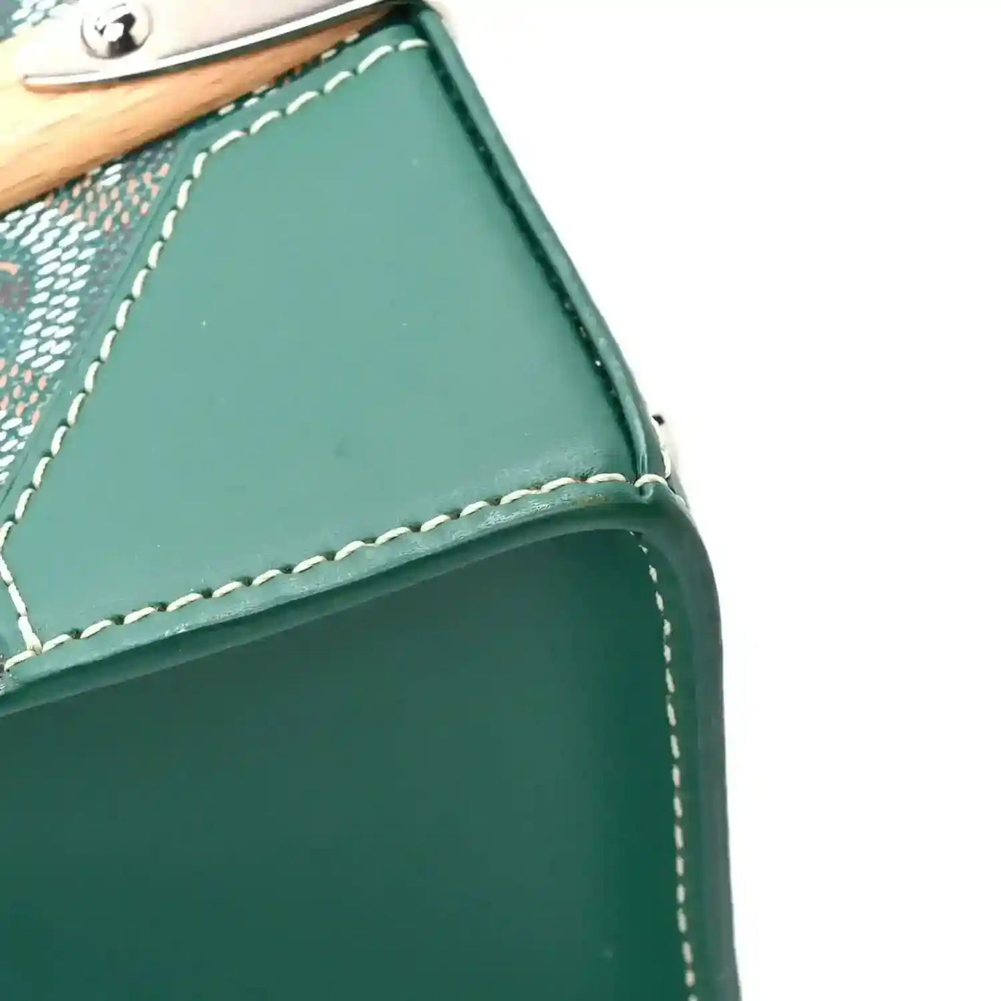 Goyard Saigon PM green canvas bag with stitched leather trim and metal snap hardware