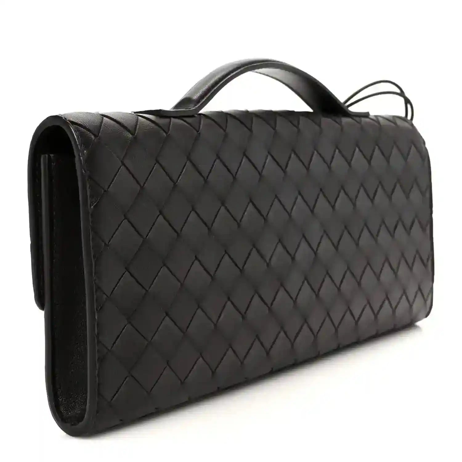 Bottega Veneta Intrecciato leather clutch, dark finish, top handle and strap loop
