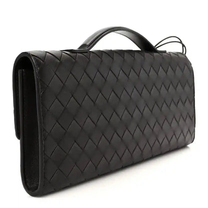 Bottega Veneta Intrecciato leather clutch, dark finish, top handle and strap loop