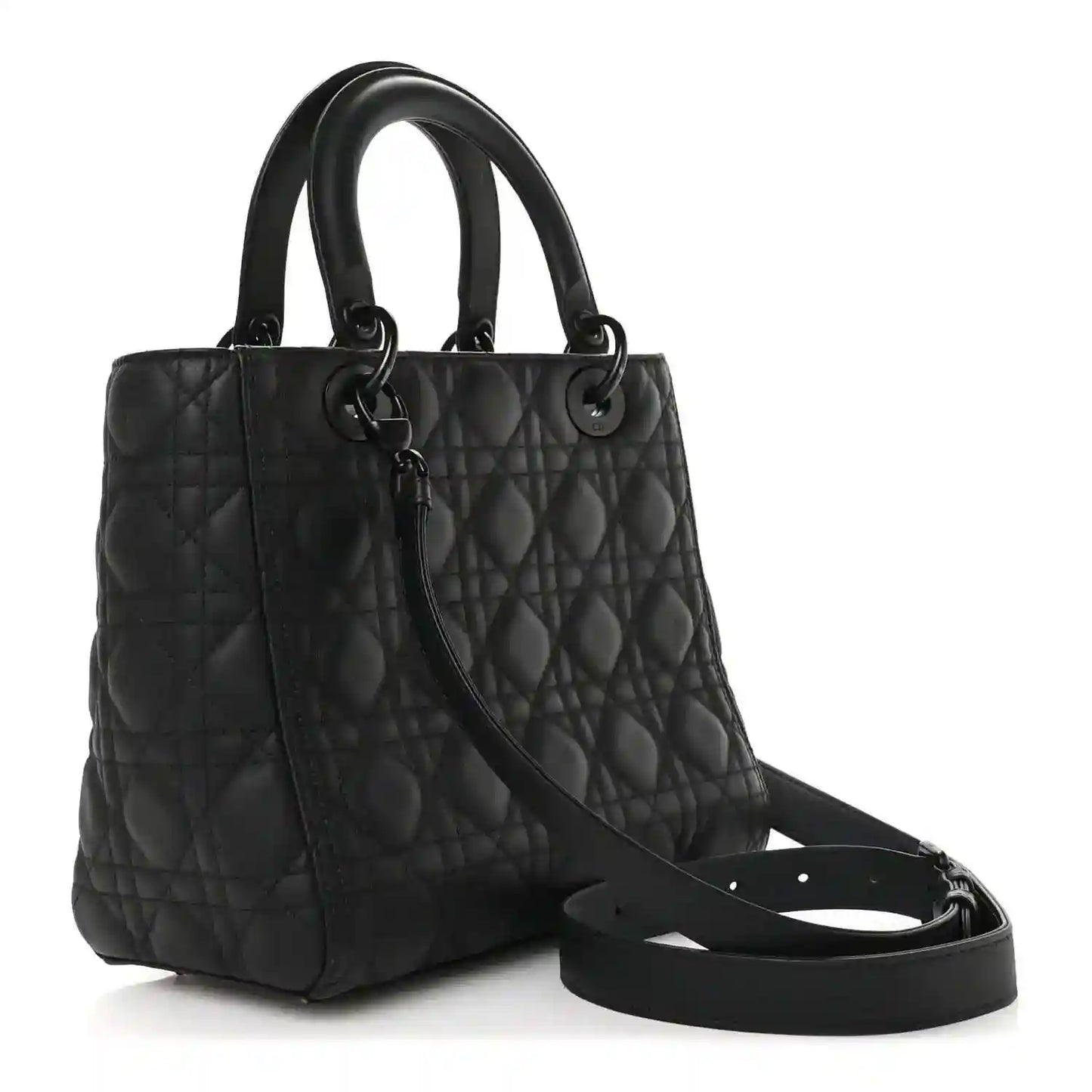 Black quilted Lady Dior bag with top handles and long shoulder strap, angled view