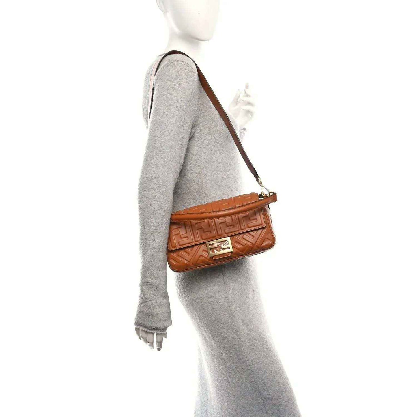 Fendi baguette bag with adjustable shoulder strap, tan embossed leather and gold buckle