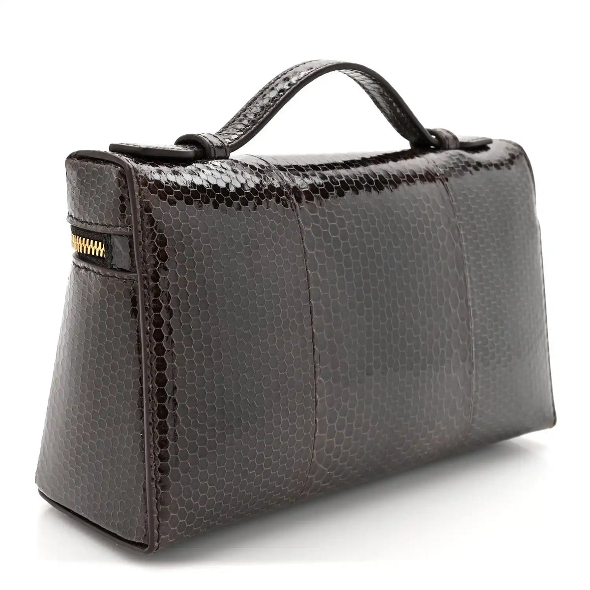 Loro Piana lizard leather extra pocket pouch, side view with top handle and gold zipper